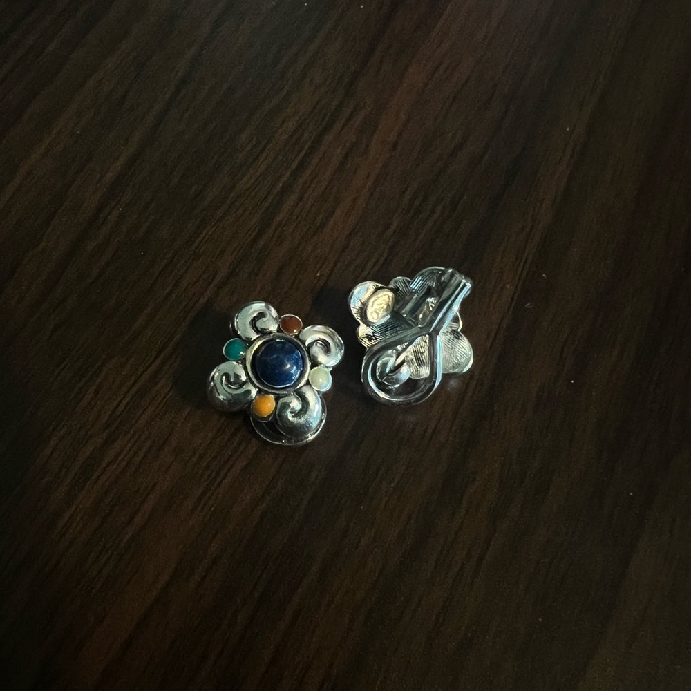 Lapis and Enamel Sterling Silver Vintage Earrings